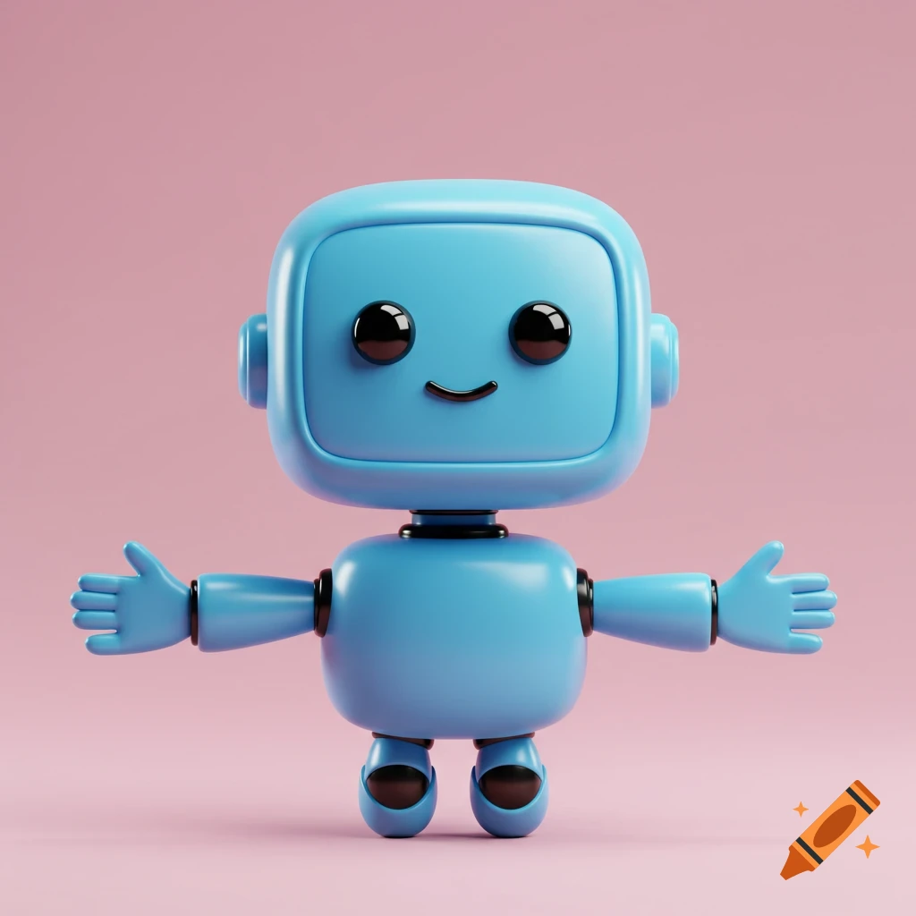 A cute blue cartoon 3D robot with a smile stands with arms spread out on a pink background.