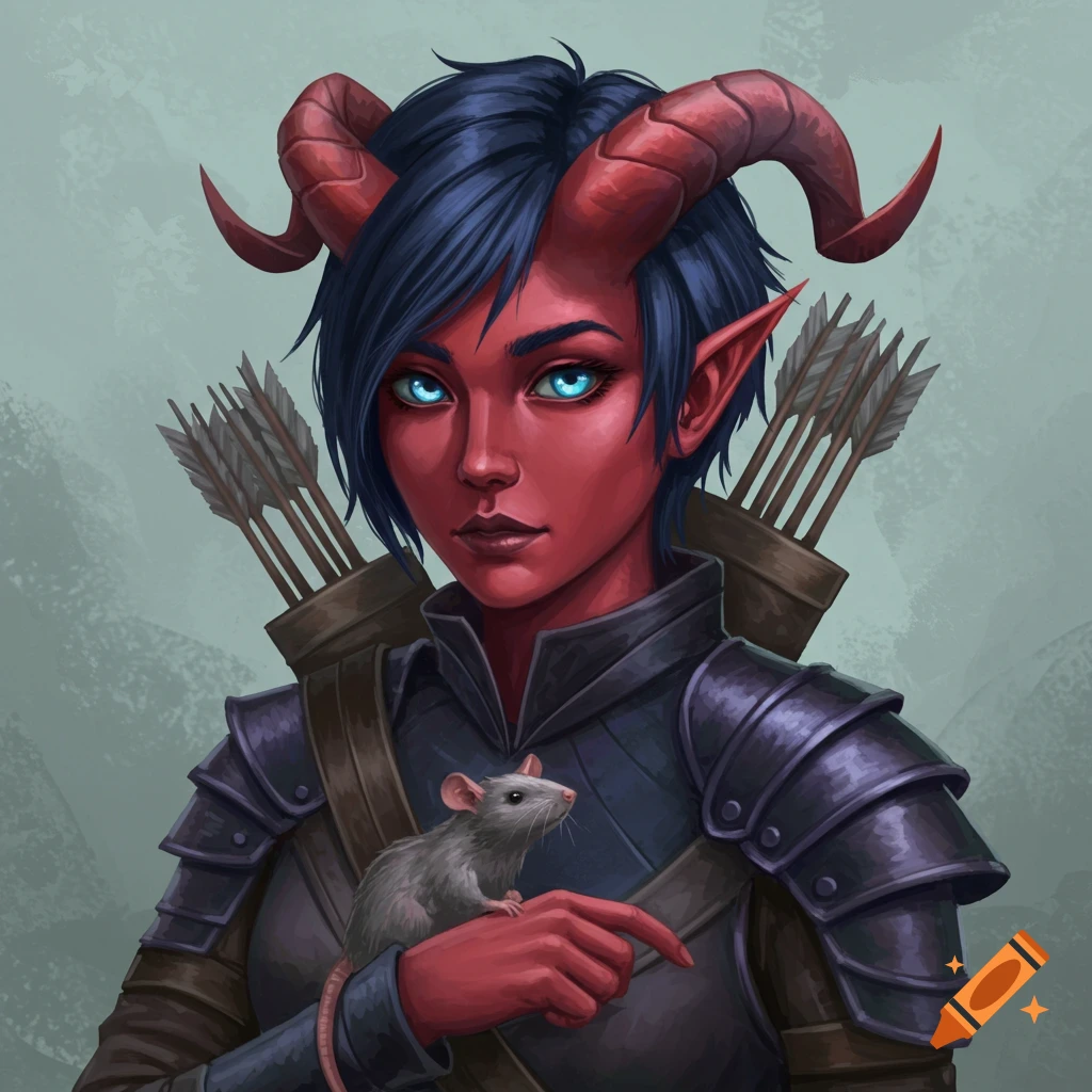 Illustration of a red-skinned female tiefling with blue hair and bright blue eyes in armor, holding a small gray rat.