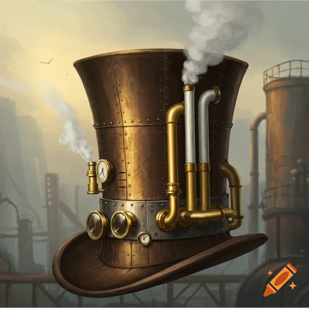 Steampunk top hat with pipes and gauges in an industrial setting.
