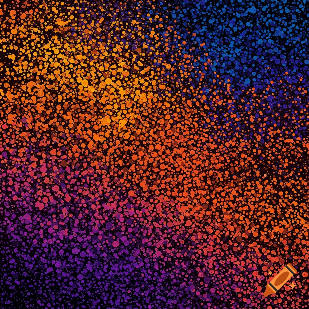 Abstract pattern of multicolored dots transitioning from purple to orange to blue on a black background.