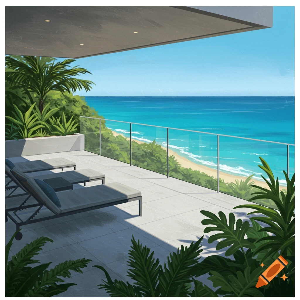 A patio overlooking a beach and blue ocean.