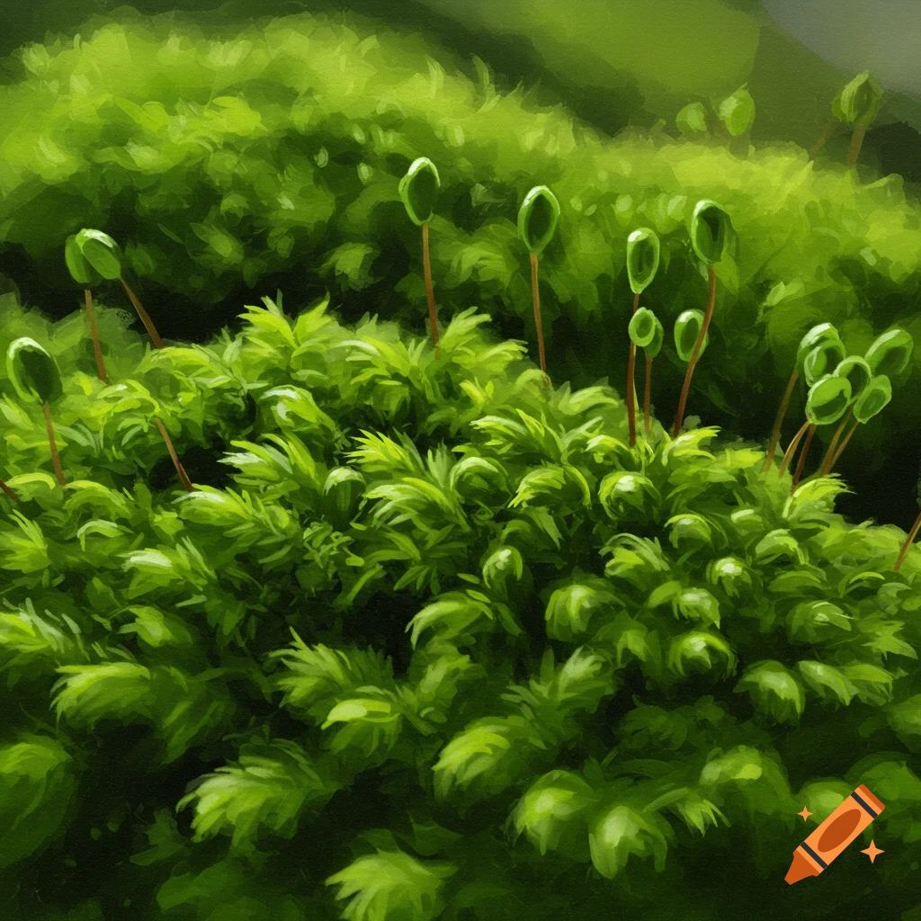 Oil painting of green moss with sporophytes up close.