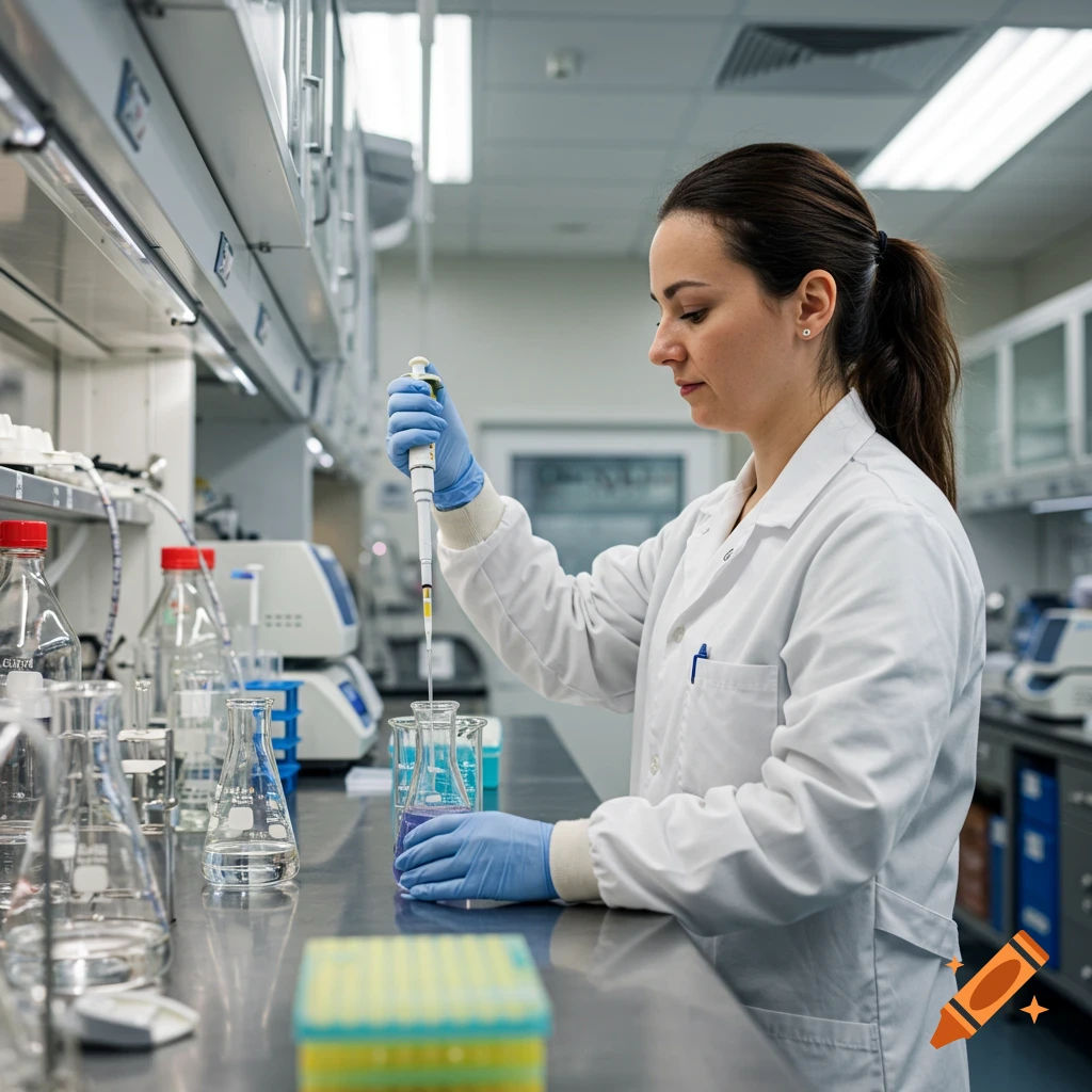 A lab technician in a white coat and blue gloves uses a pipette with a beaker in a laboratory setting.