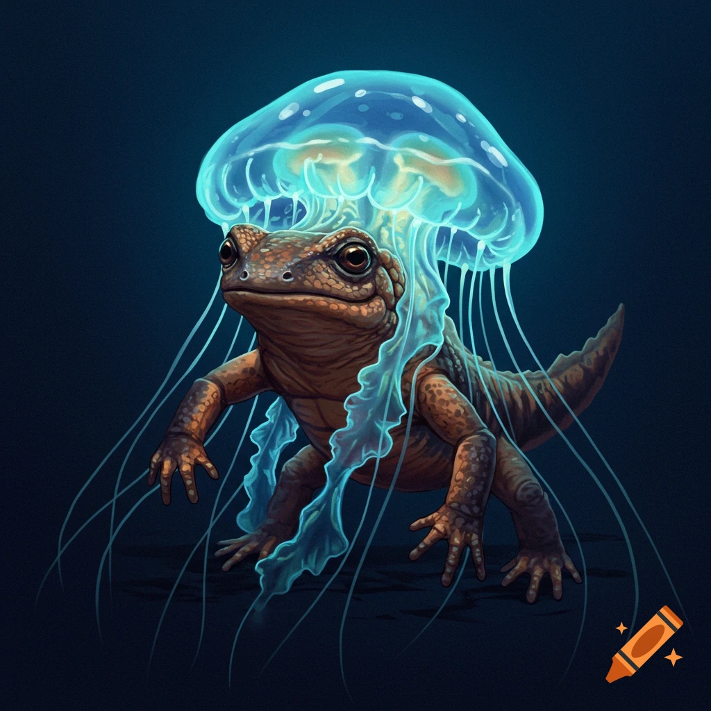 A fantasy creature combining a salamander and a jellyfish on a dark background.