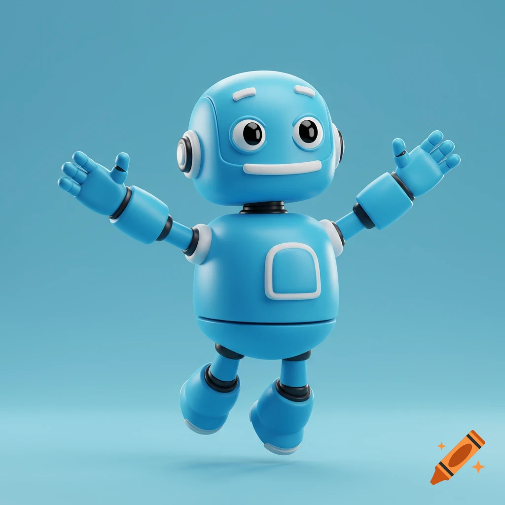 A 3D cartoon blue robot with arms spread out.