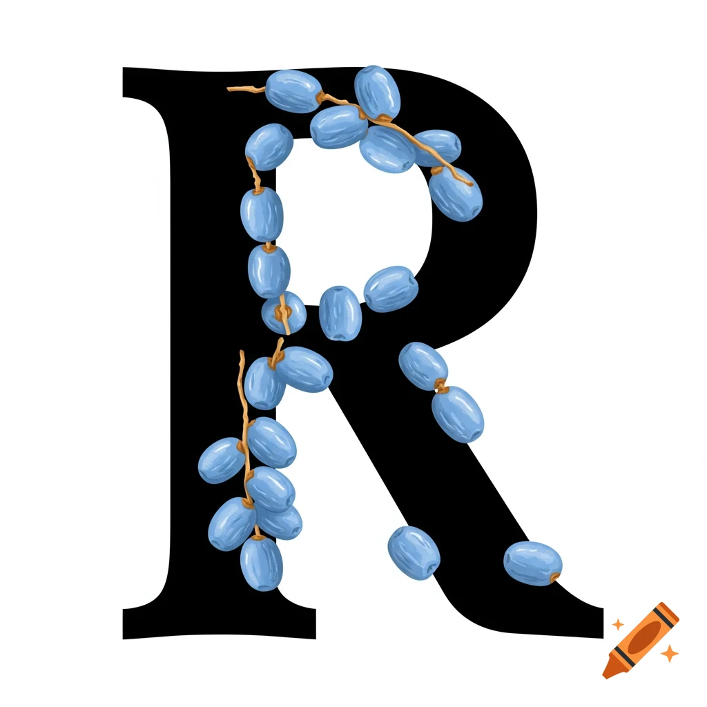 A black capital letter R is filled with light blue fruits resembling dates attached to brown stems.