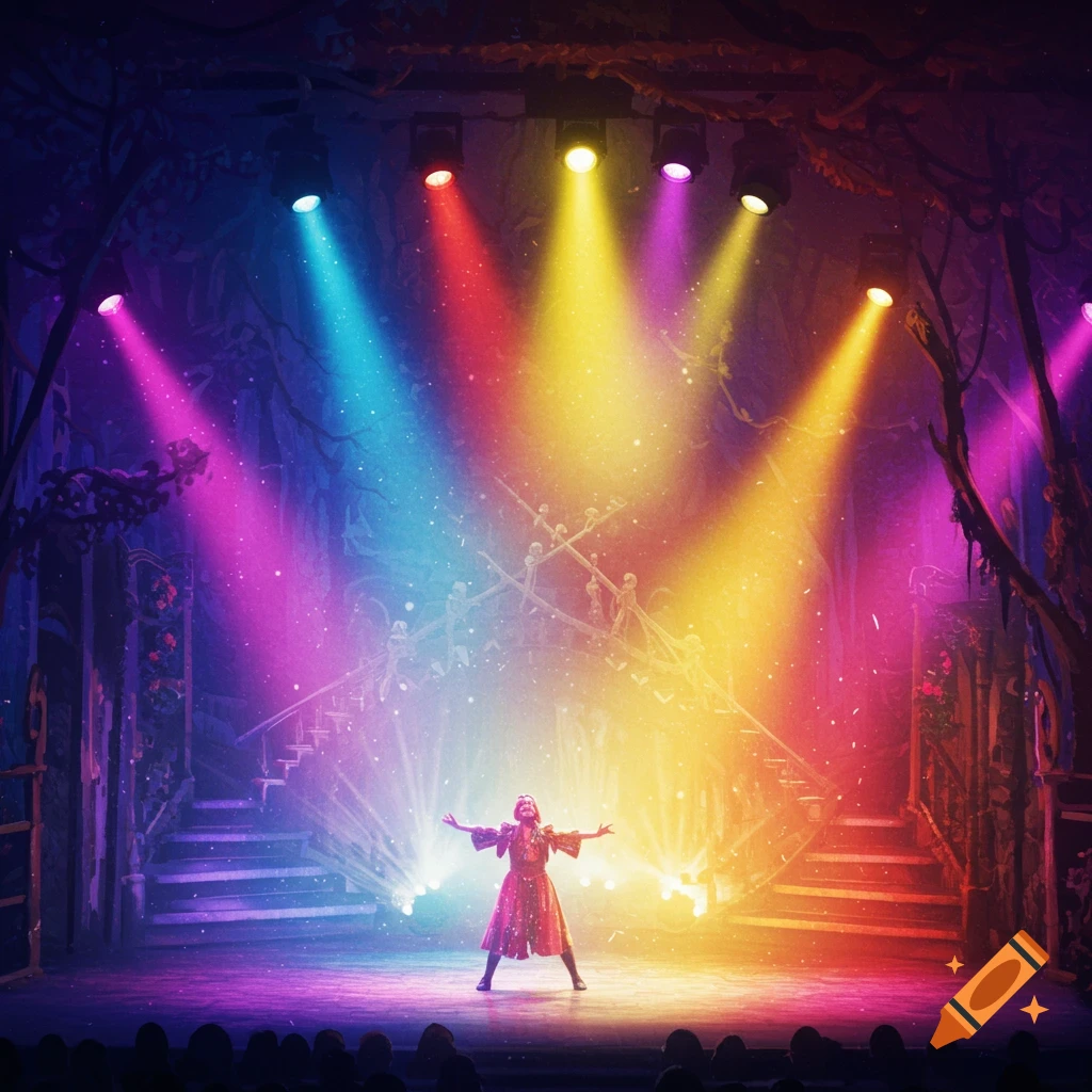 A person on a stage is illuminated by colorful red, blue, yellow, and purple theatre lights.