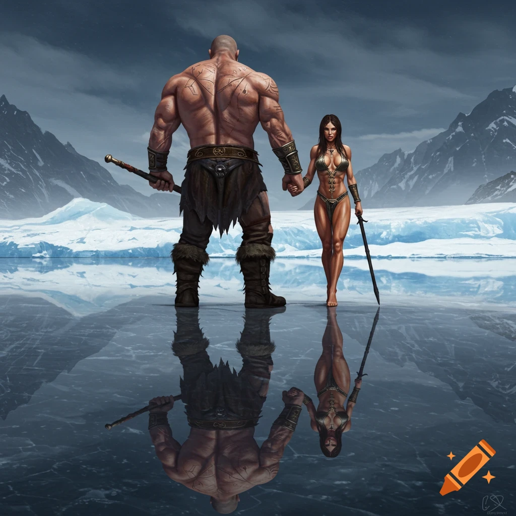 Large barbarian man and woman stand on reflective ice with mountains and ice formations behind them, digital art.