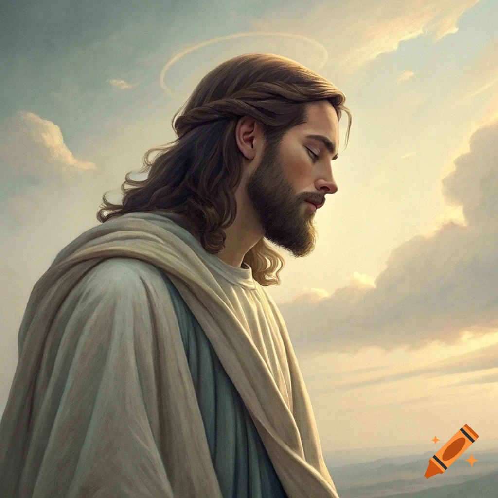 Painting of Jesus with a halo, looking down against a cloudy sky.