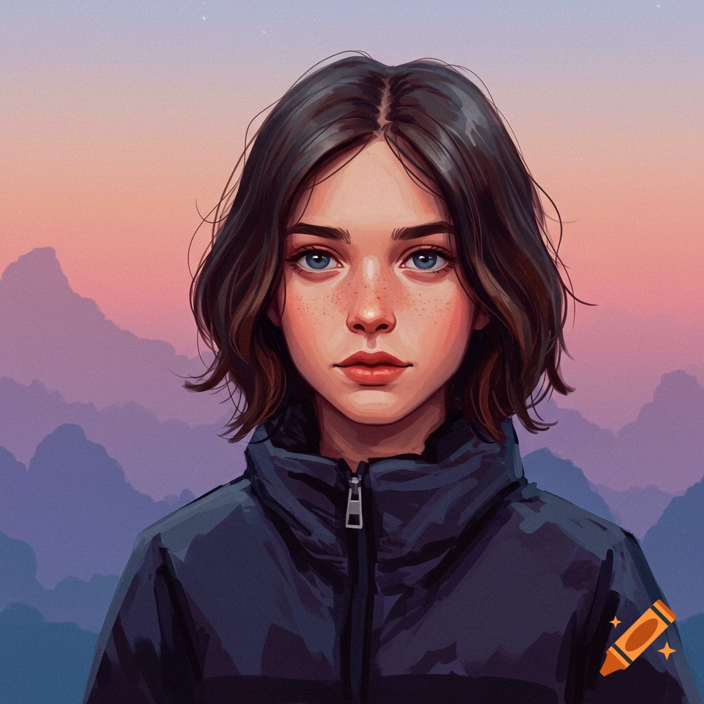 Portrait of a young woman with freckles and short brown hair in a jacket against a sunset mountain landscape.
