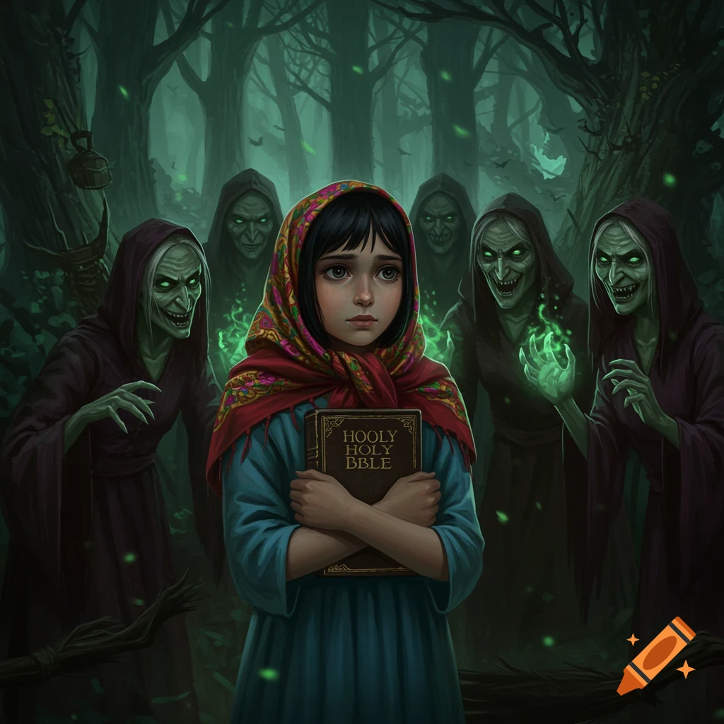 A young girl holds a book surrounded by frightening witches in a dark forest. Fantasy art style.