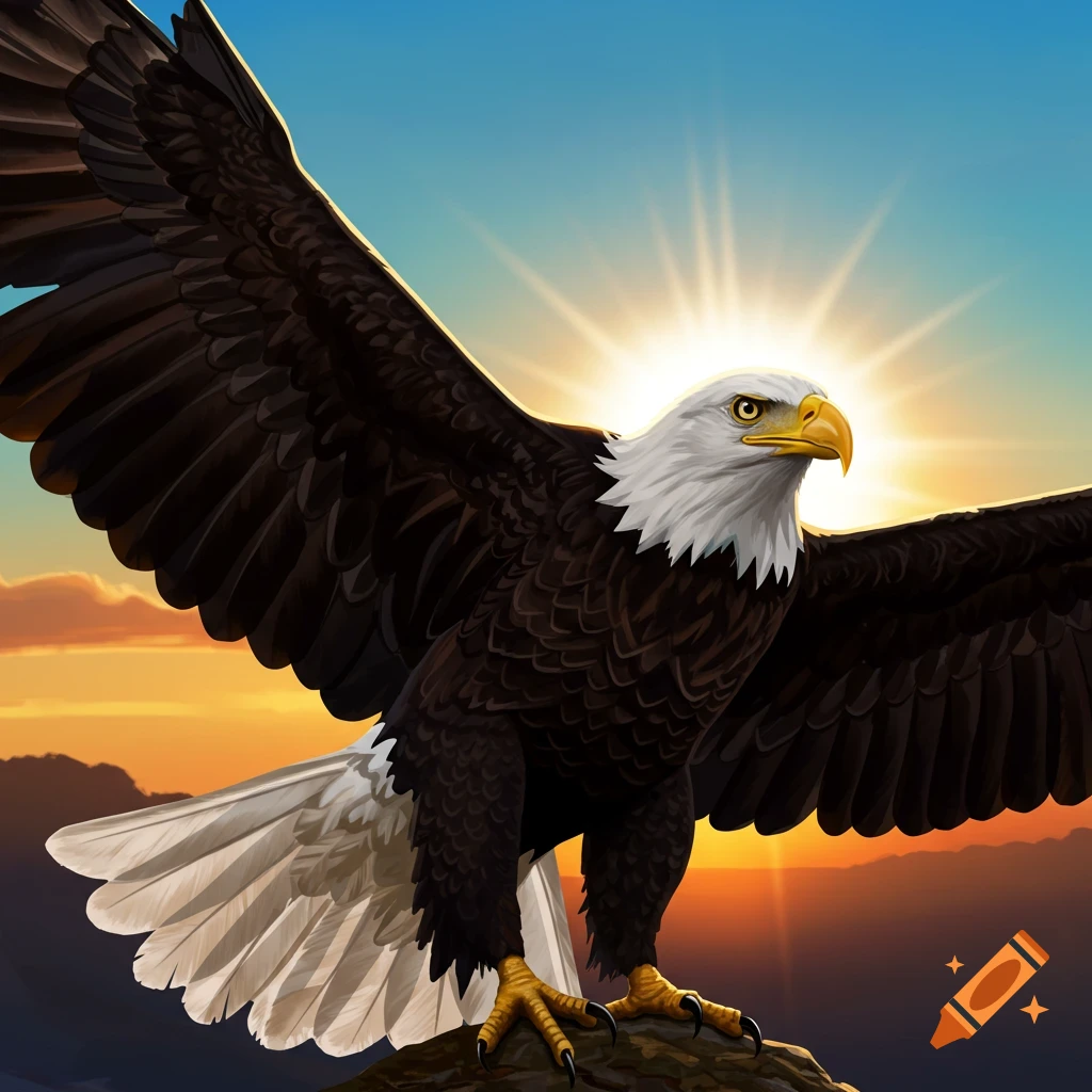 Stylized illustration of a bald eagle with spread wings landing on a rock at sunset.
