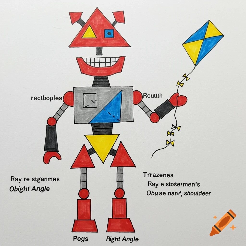 Illustration of a robot made of geometric shapes holding a kite.