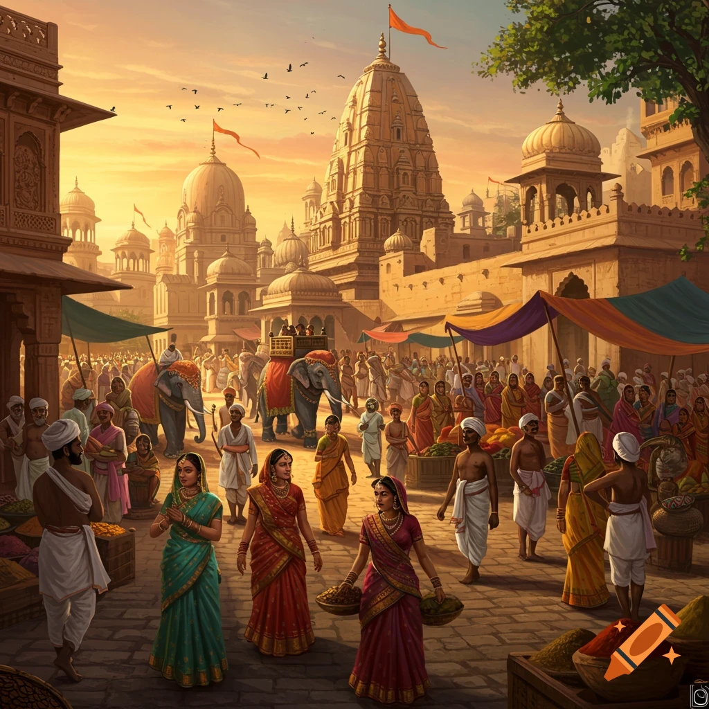 A bustling street scene in ancient India with temples, market stalls, crowds of people, and elephants.