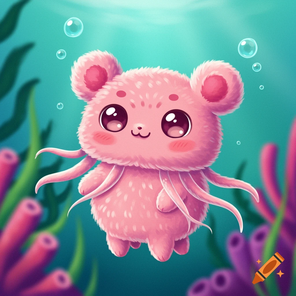 Cute pink fuzzy creature with tentacles swimming underwater.