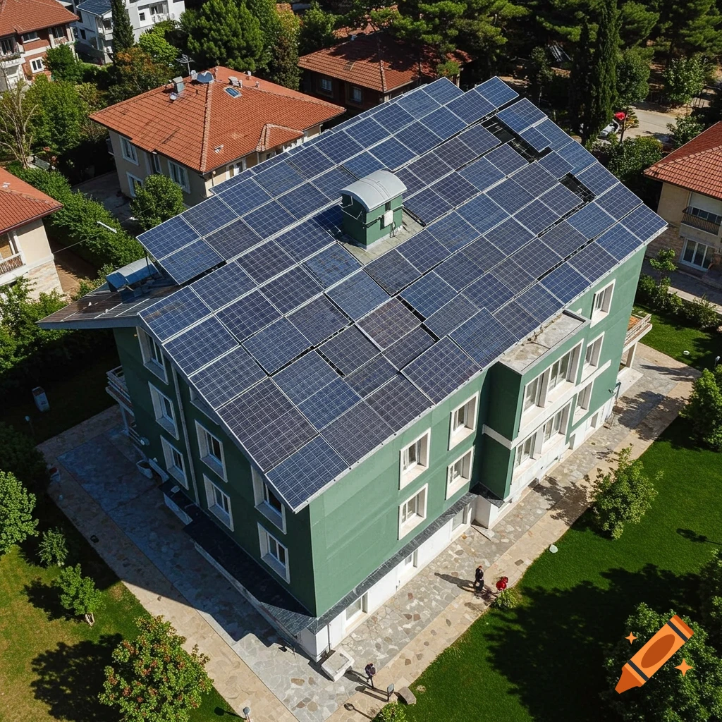 Aerial view of a green building with roof covered in solar panels in a residential area.