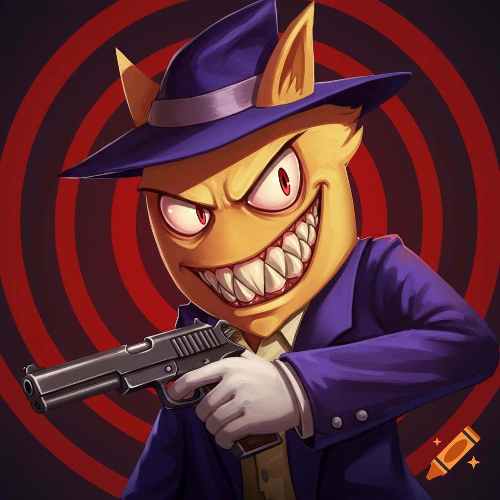 Yellow cartoon character in a suit and hat holding a gun in front of a red target background.