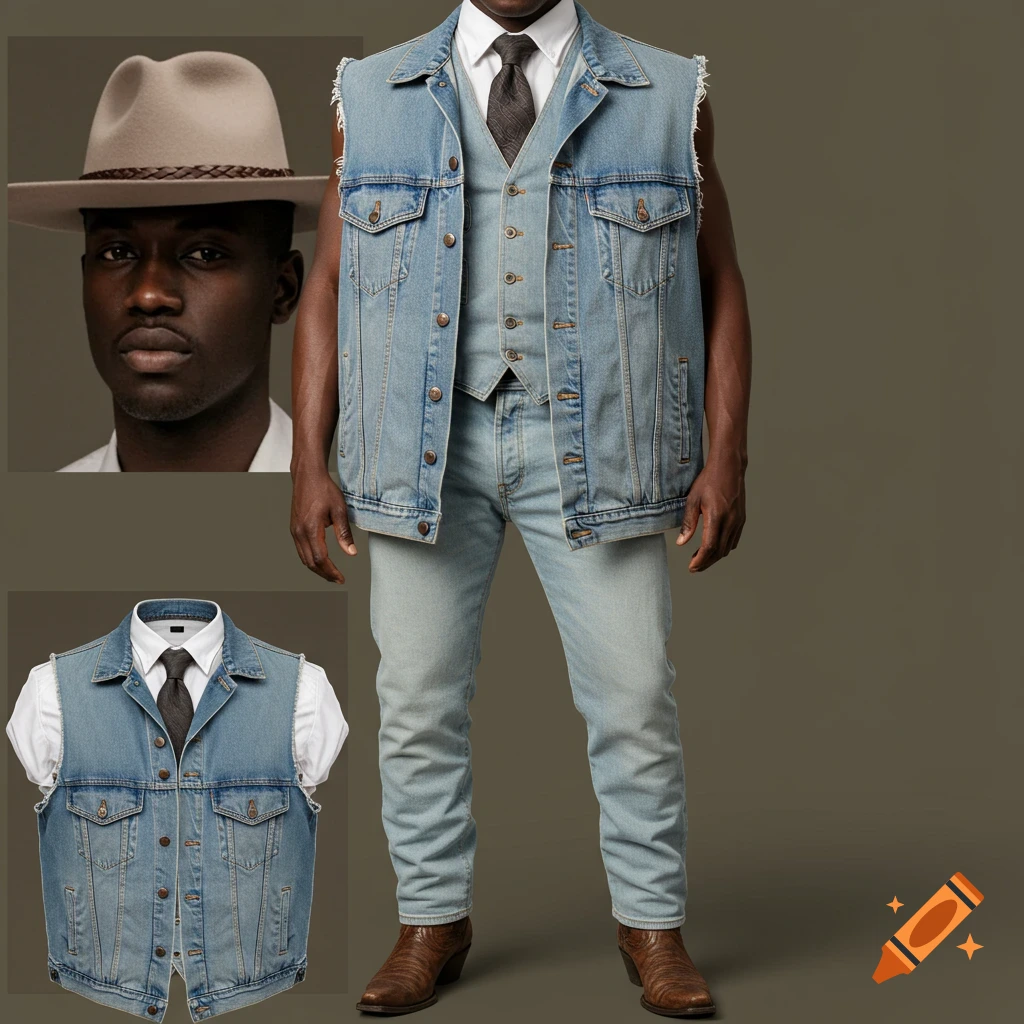 A Black man wears a light wash denim vest, waistcoat, shirt, tie, jeans, cowboy boots, and hat.
