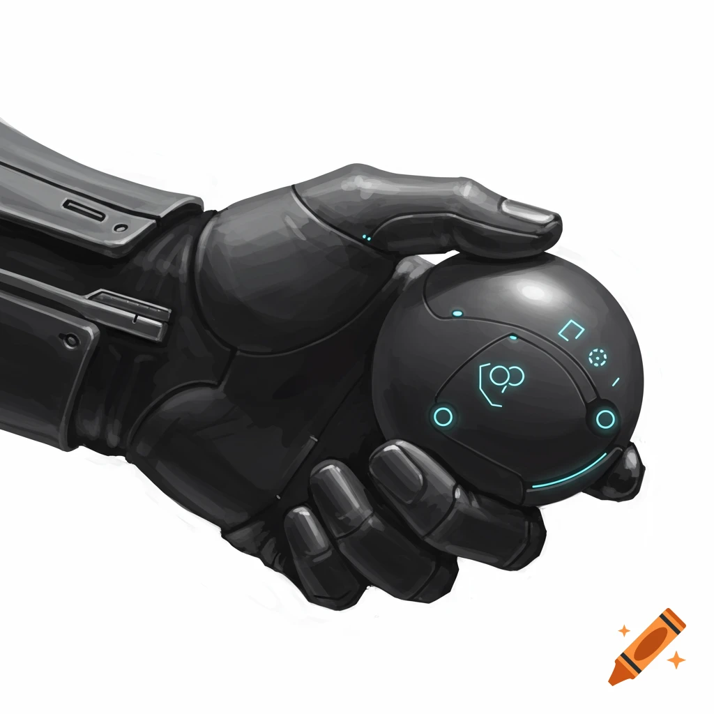 Detailed illustration of a black robotic arm holding a sci-fi sphere with glowing blue symbols on a white background.