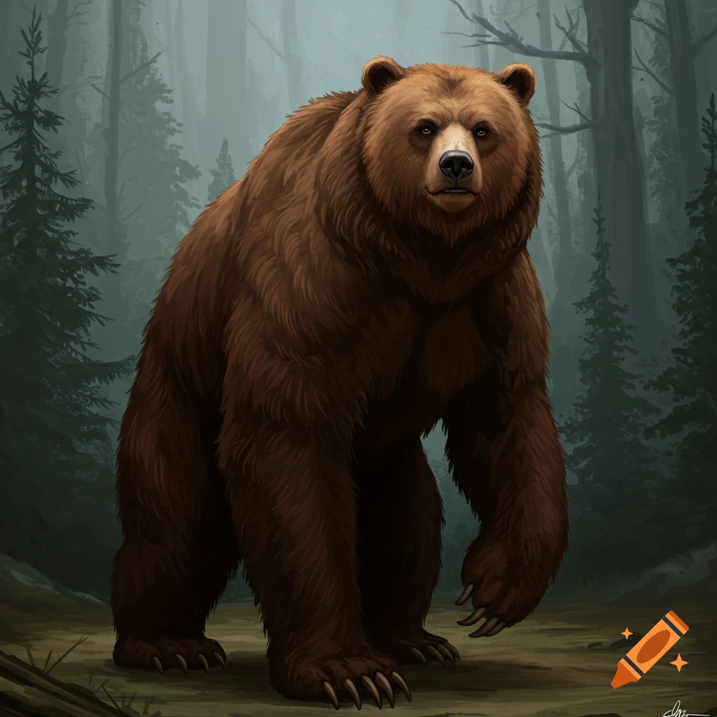 An illustrated brown bear stands upright in a misty forest.