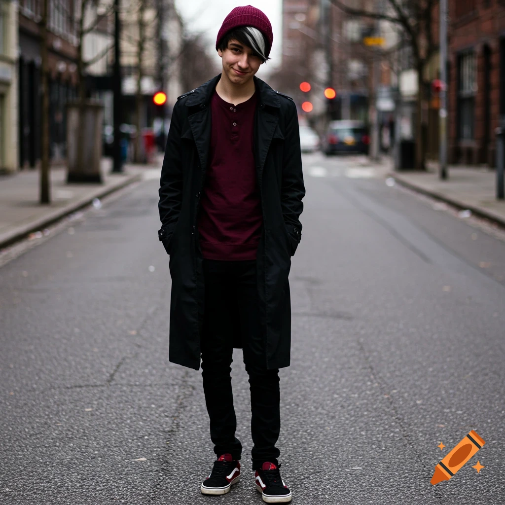A person in a black trench coat and red beanie standing on a city street.