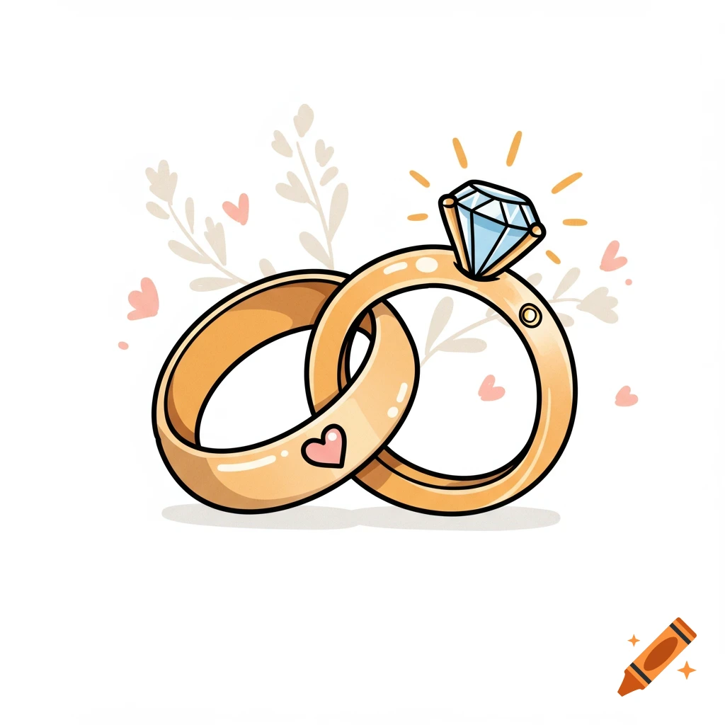 Cartoon illustration of two gold wedding rings, one with a diamond, on a light background with floral and heart elements.