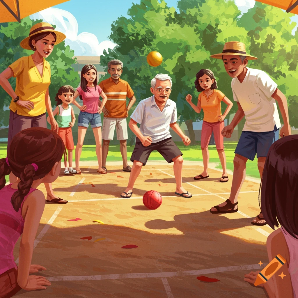 Family playing a ball game on an outdoor court.