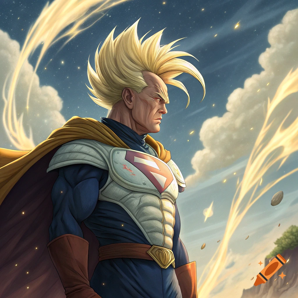 Stylized image of a person resembling Donald Trump as a muscular, spiky blonde superhero in a cape, in a Dragon Ball Z style.