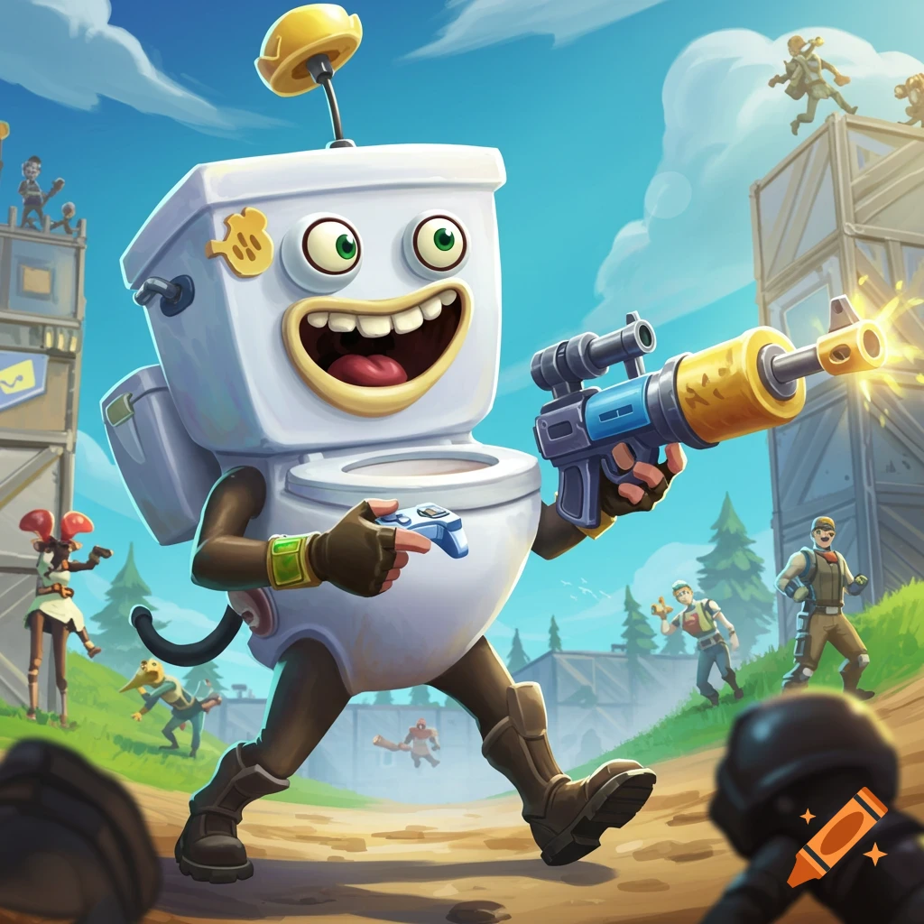 A stylized cartoon character based on a toilet, holding a video game controller and a rifle, stands on a battlefield with other cartoon figures.