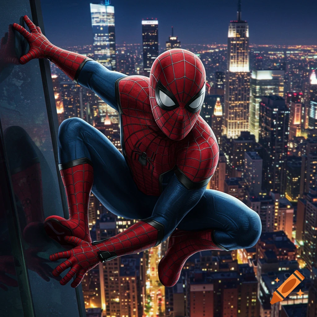 Spiderman climbs a skyscraper at night overlooking a city skyline.