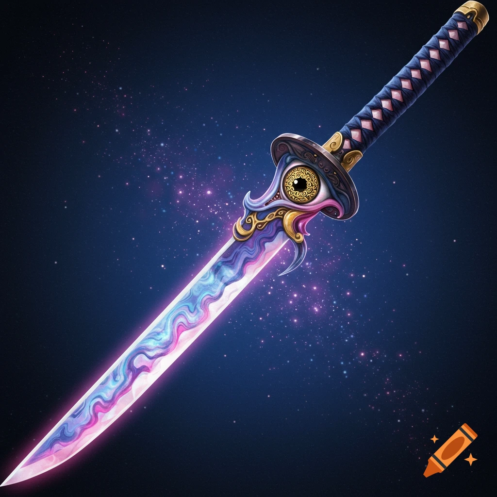 A cosmic fantasy katana with an eye on the hilt and a swirling colorful blade against a starry background.