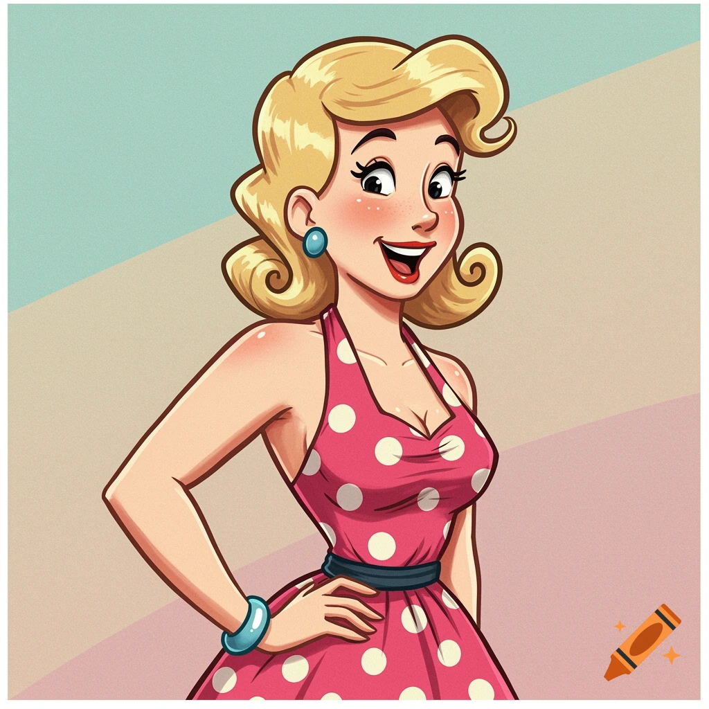 Cartoon pinup illustration of a blonde woman in a pink polka dot dress.