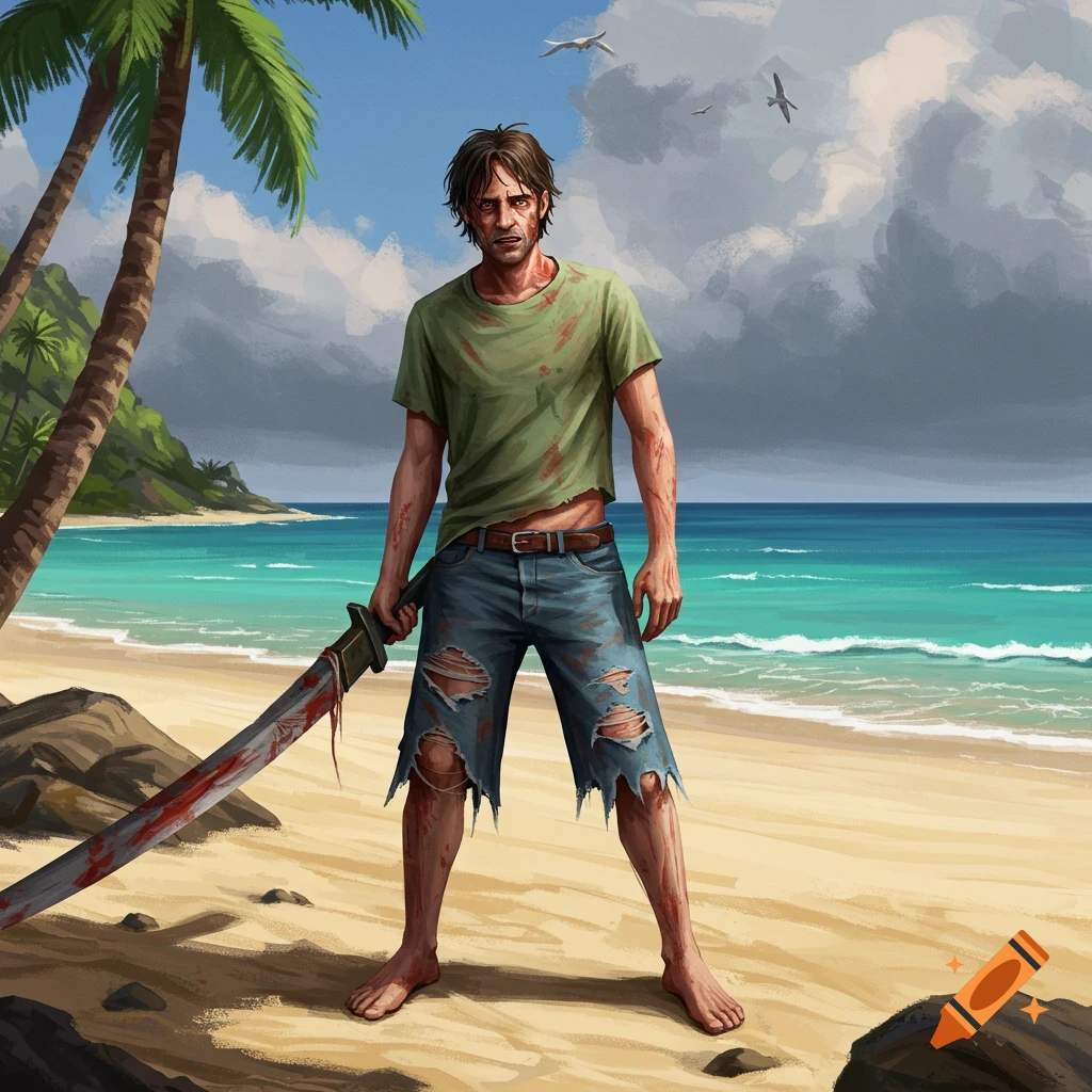 Illustration of a stranded man with a bloody sword on a beach