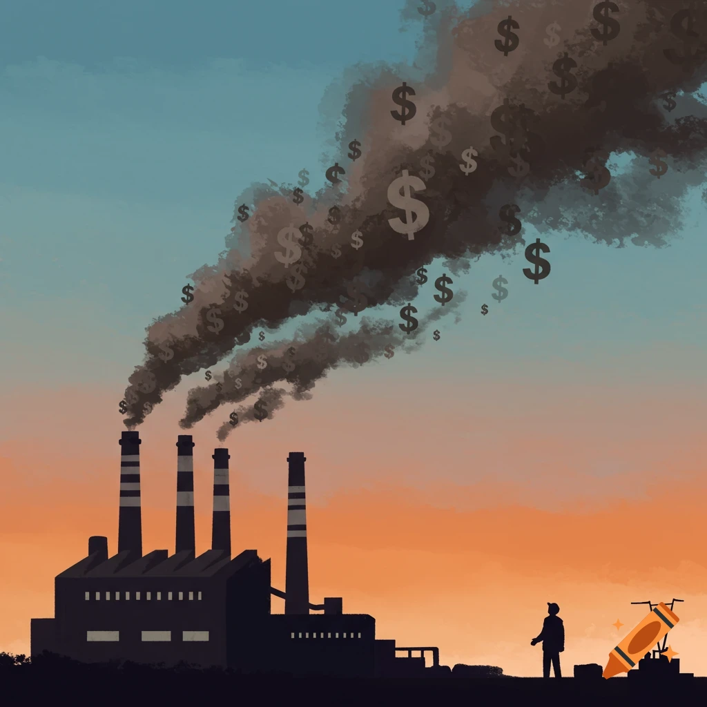 Stylized illustration of a factory emitting smoke filled with dollar signs against a sunset.