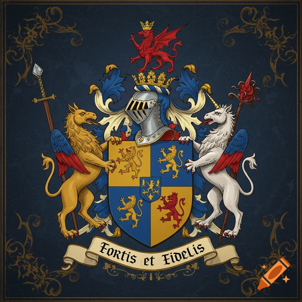 A detailed coat of arms with a gold griffin, white unicorn, shield, helmet, red dragon, and banner.