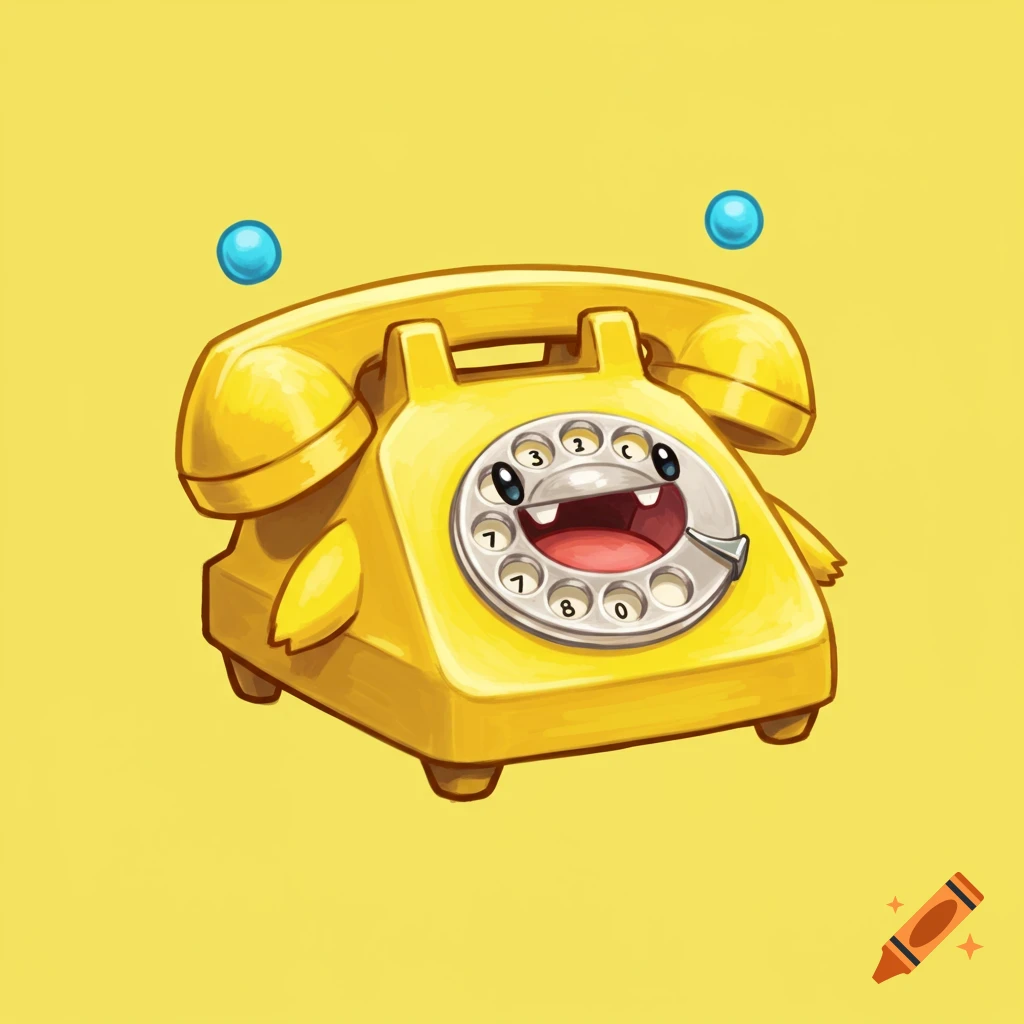 Cartoon illustration of a yellow rotary phone character with a face and floating blue dots