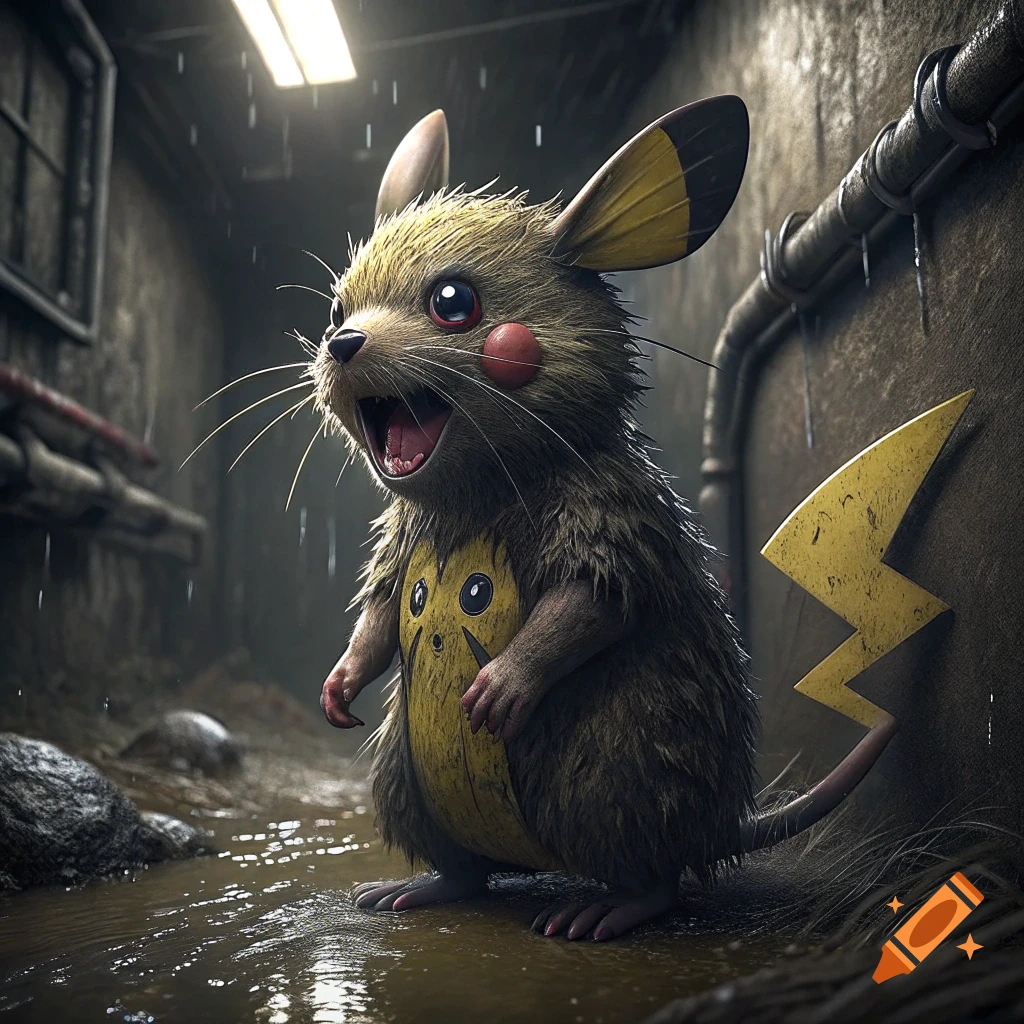A creature resembling a rat with Pikachu's features stands in a dark, wet sewer.