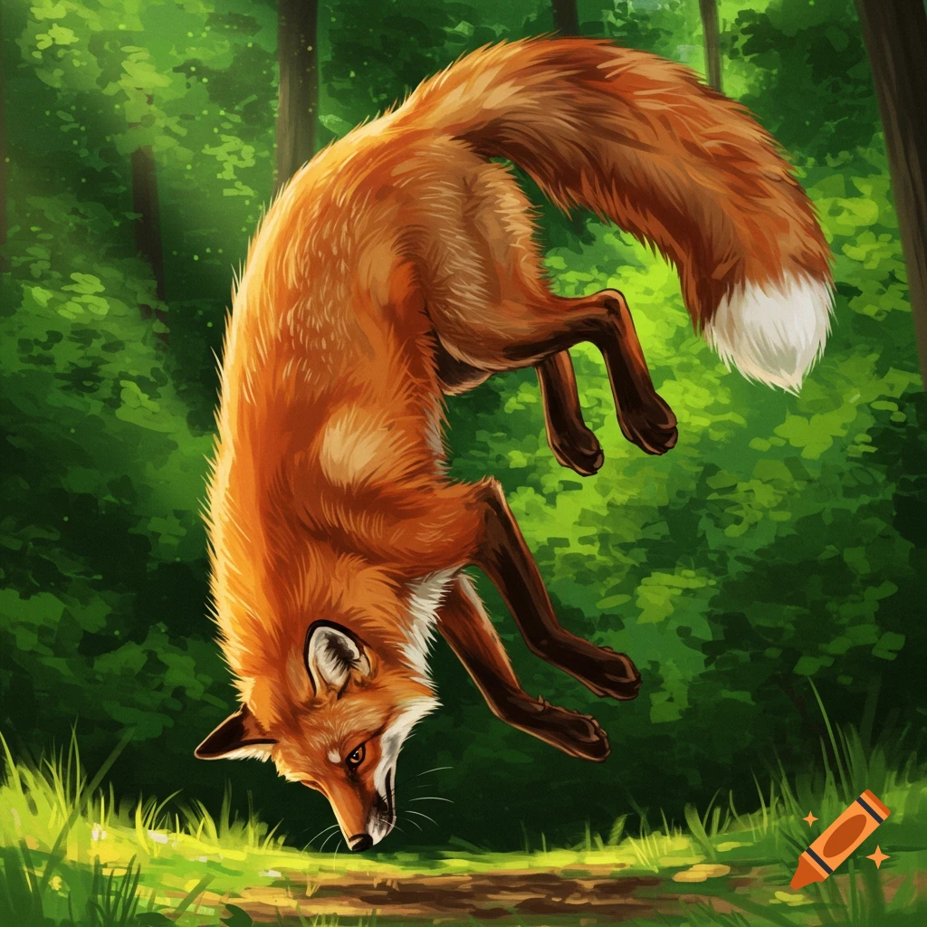 A red fox dives headfirst towards the ground in a forest clearing.
