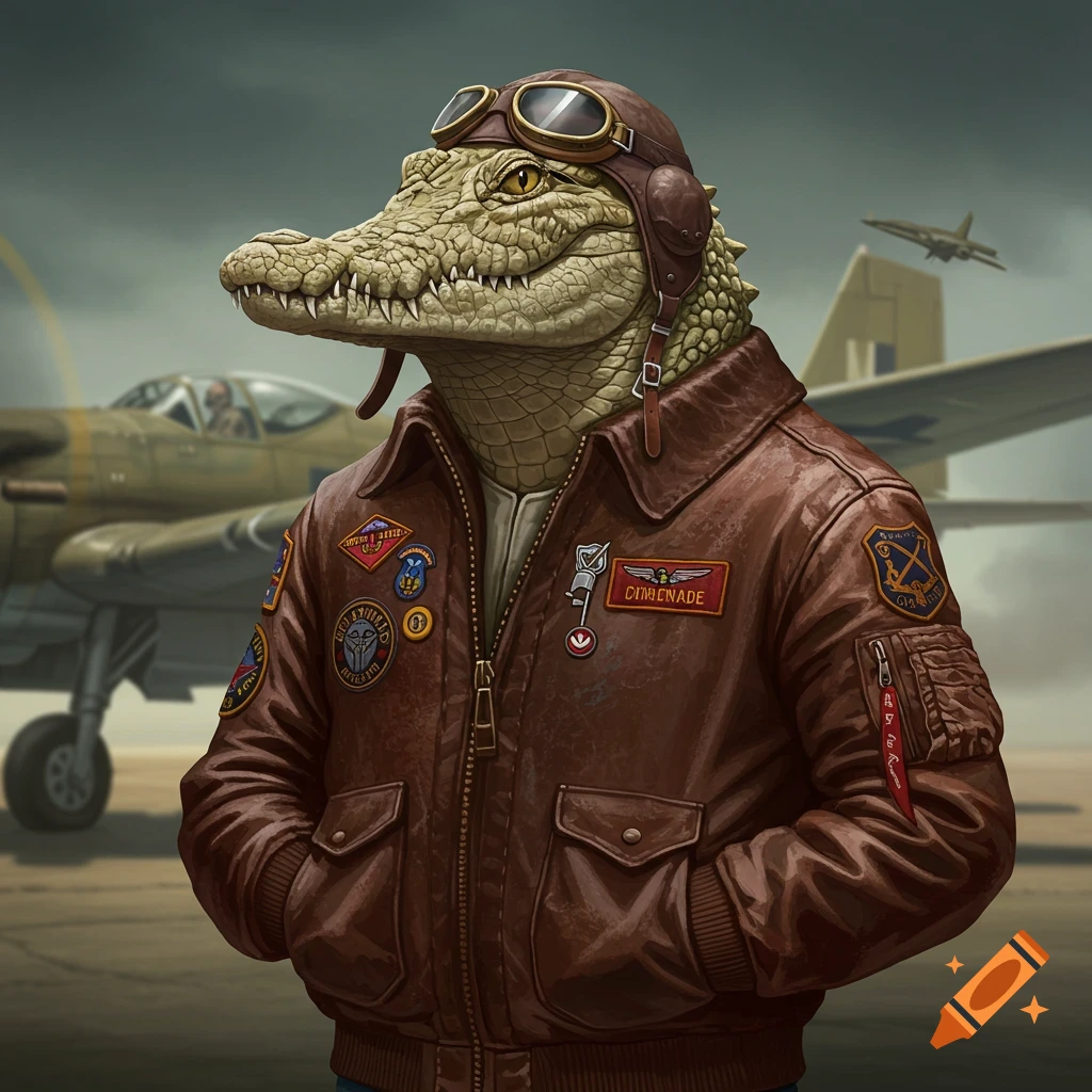 A crocodile wearing pilot goggles and a bomber jacket stands on a runway with a plane behind him.