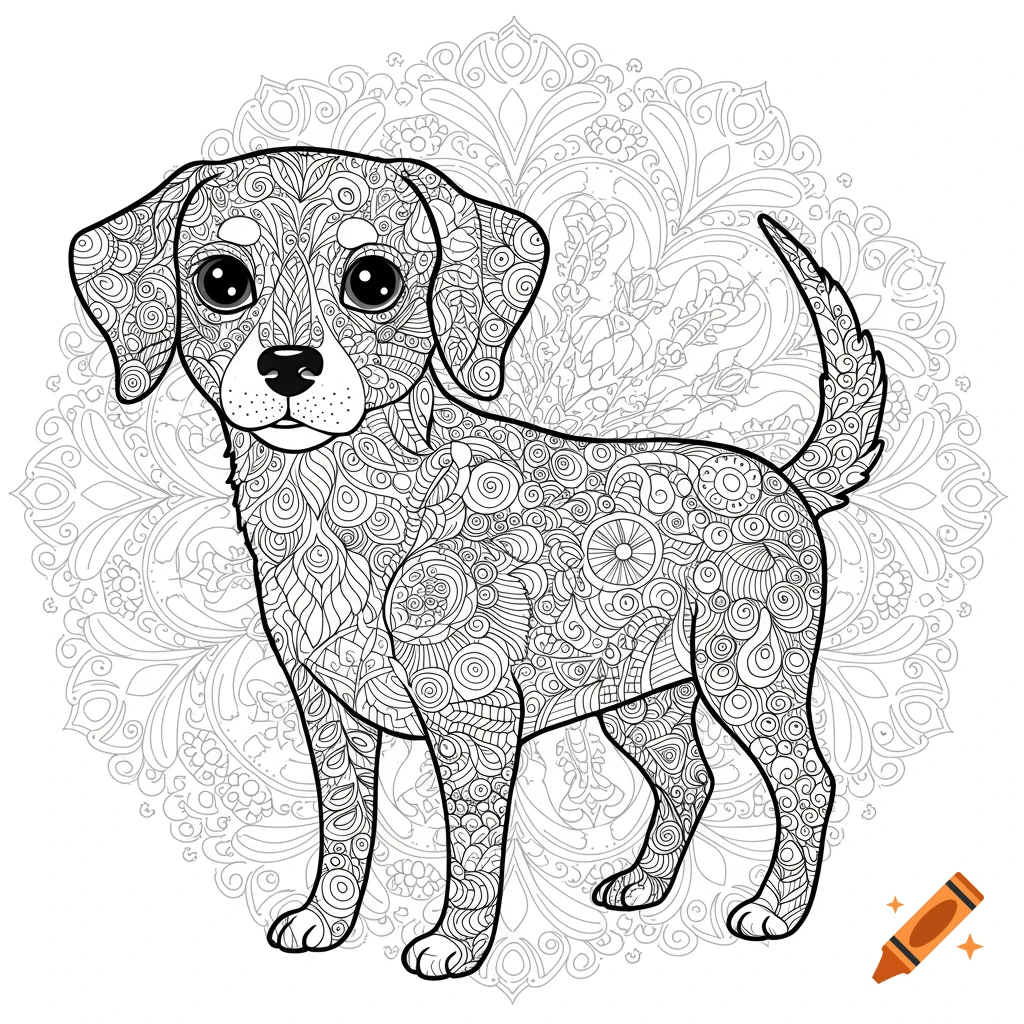 Line art drawing of a dog with intricate patterns standing in front of a mandala.