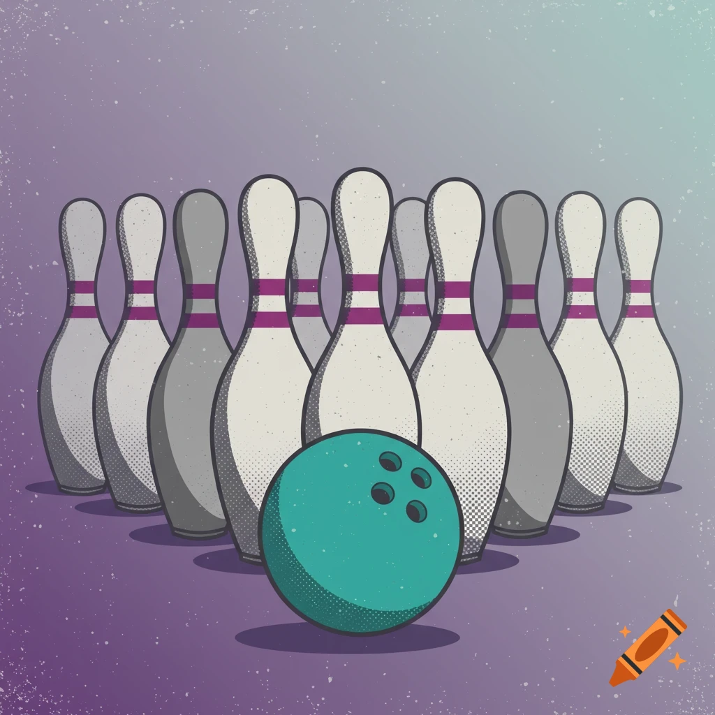 Bowling pins and ball in a modern vintage illustration with purple, gray, white, and teal