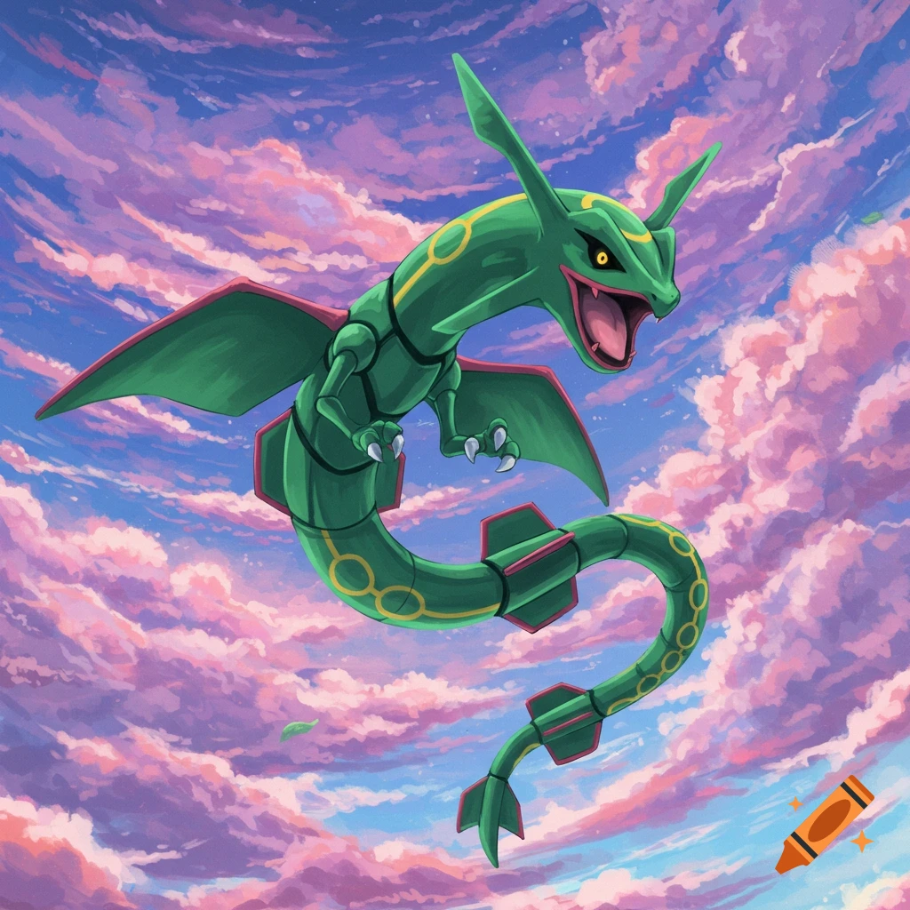 Green Rayquaza flying through pink and purple clouds in a blue sky, illustration style.