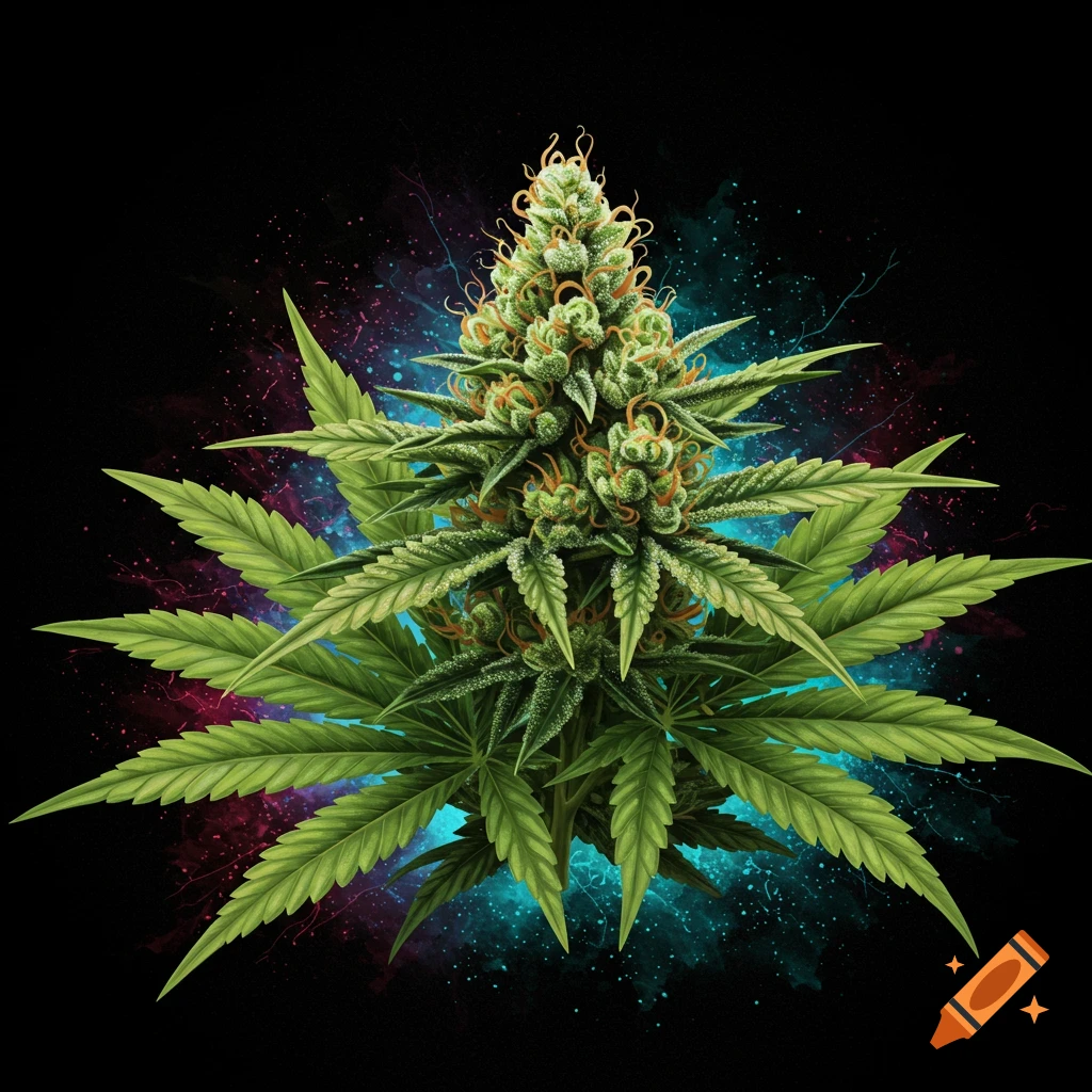 A detailed cannabis bud with leaves against a dark background with blue and purple splatters.