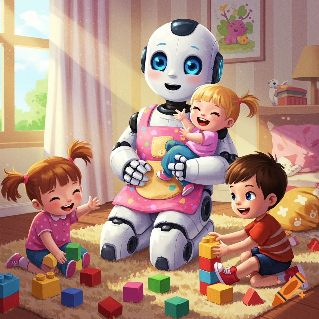 Illustration of a robot babysitting children playing with blocks
