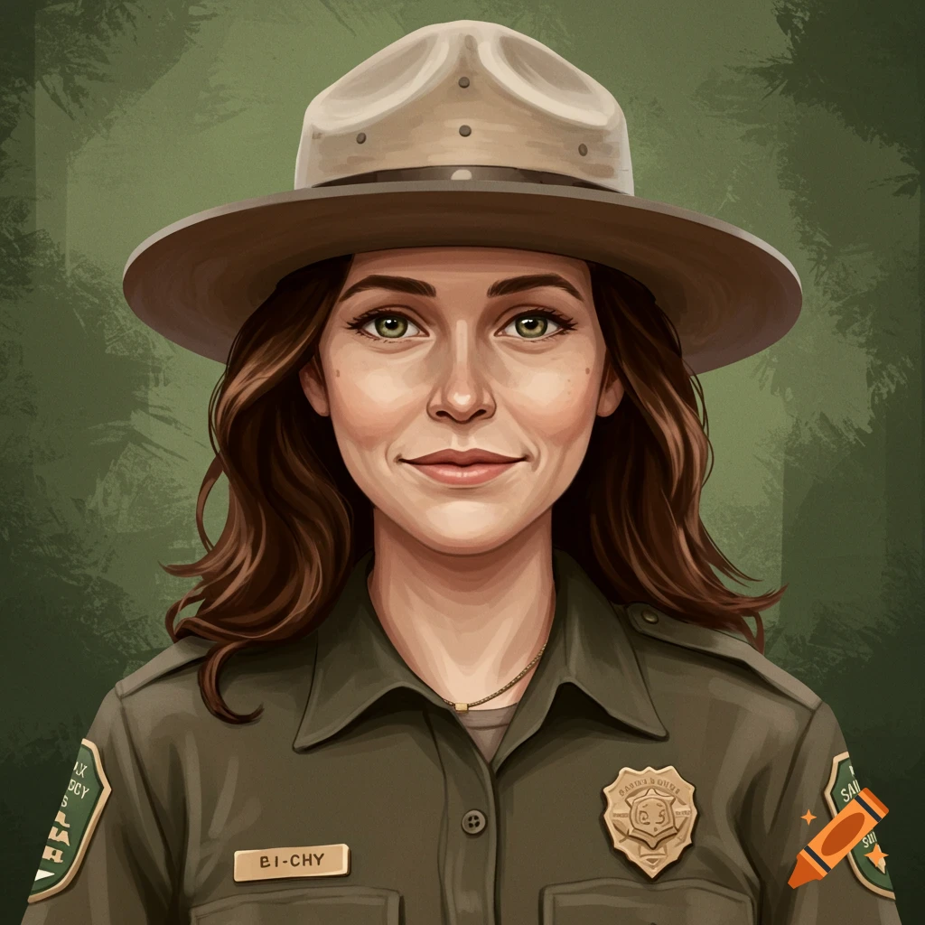 Illustrated portrait of a female park ranger wearing a hat and uniform.