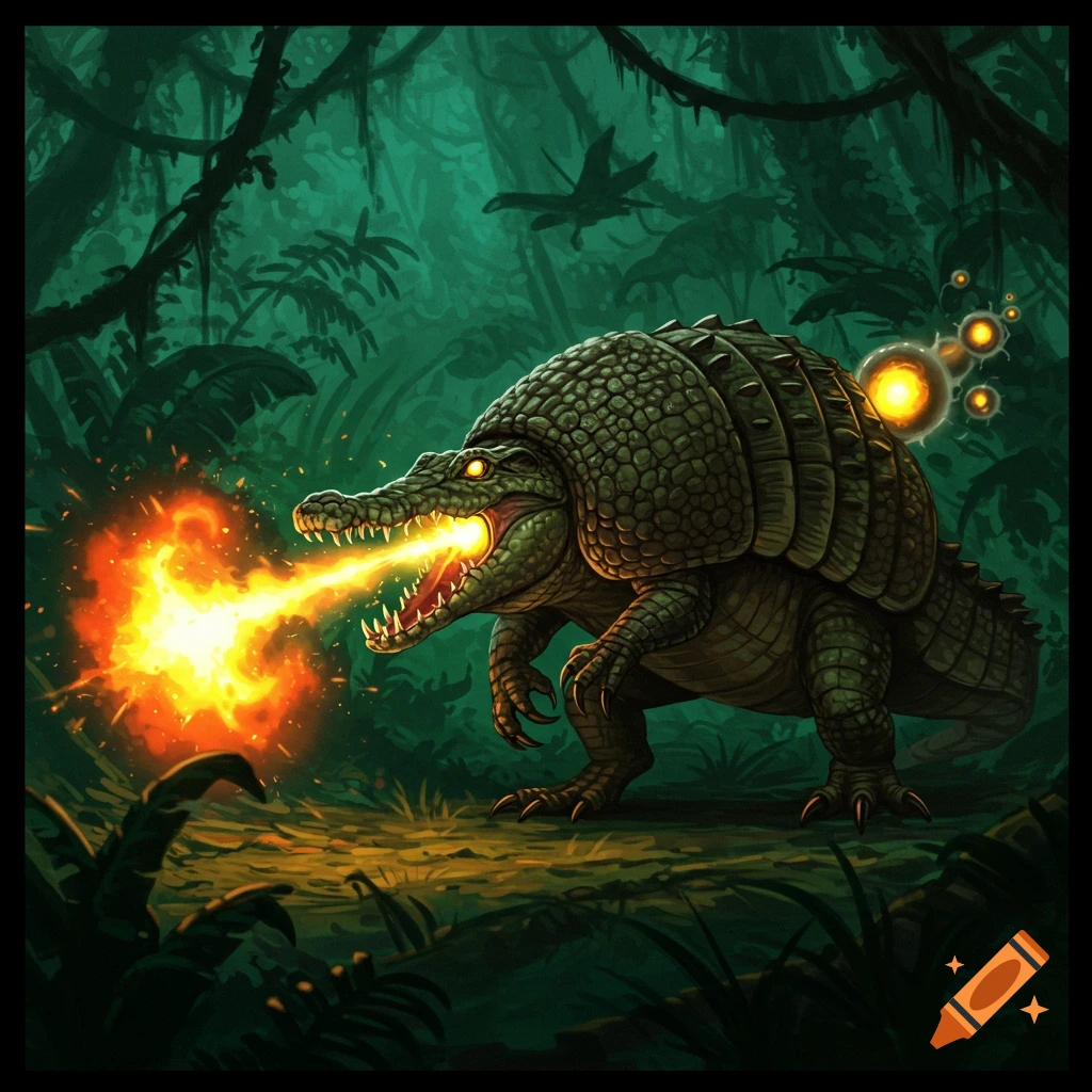 Fantasy illustration of a fire-breathing reptilian creature with armadillo plating in a dark jungle.