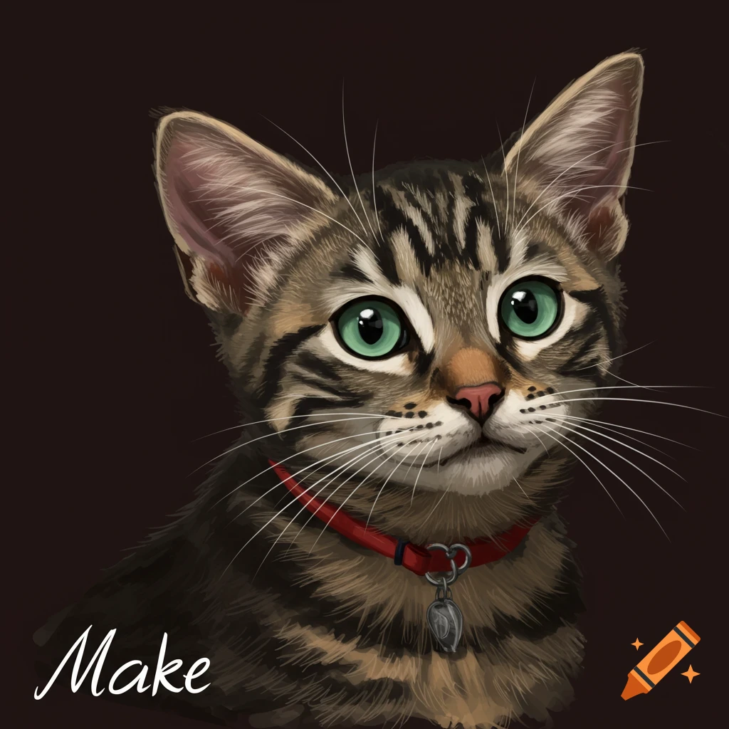 Close-up portrait illustration of a brown tabby cat with green eyes and a red collar.