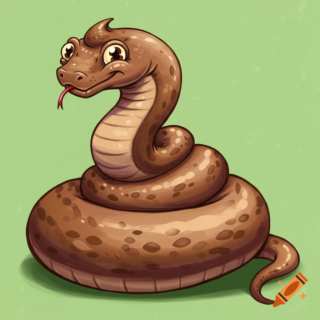 A cartoon brown snake coiled up on a green background with its tongue out.