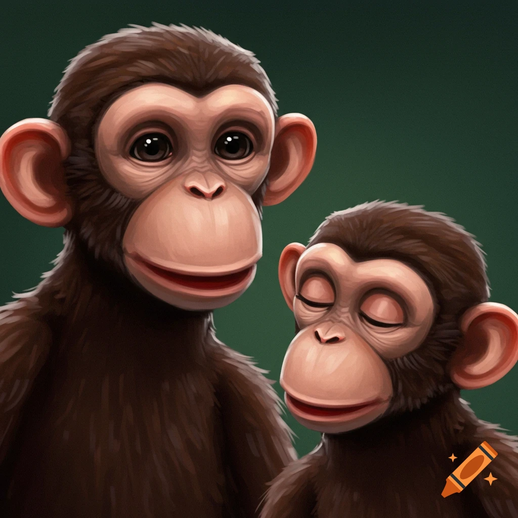 Two cartoon monkeys, one looking forward, the other with eyes closed, against a green background.