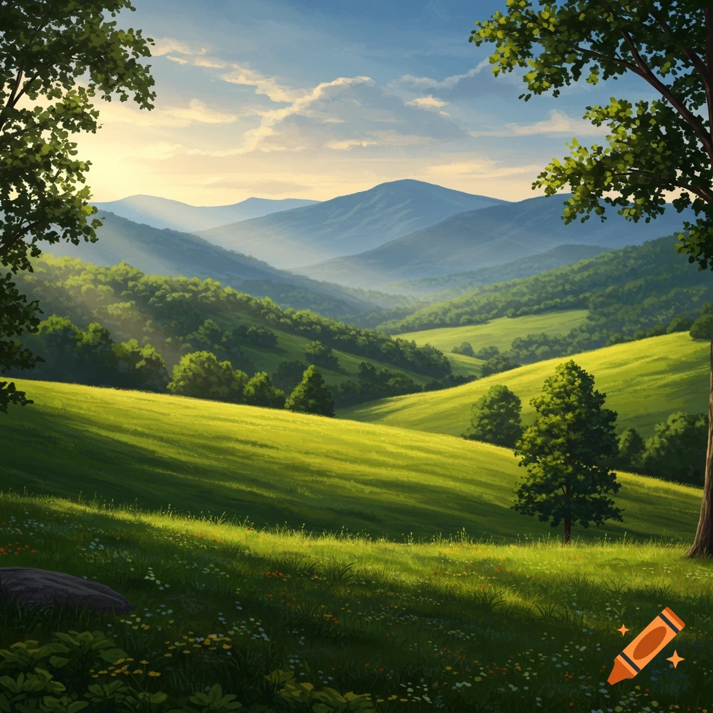Rolling green hills and trees with long shadows leading to blue mountains under a bright sky.